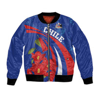 Blue bomber jacket with full-zip front, black ribbed cuffs, Chile stripes and red flowers