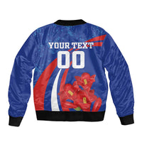 Blue bomber jacket back with custom text and number, Chile stripes, red flowers