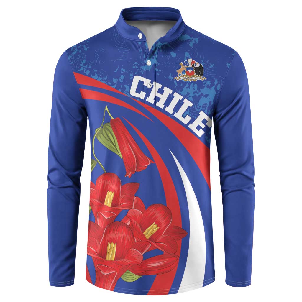 Blue long-sleeve button henley with CHILE logo, crest, and red flower panel