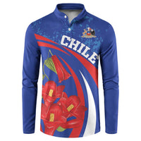 Blue long-sleeve button henley with CHILE logo, crest, and red flower panel