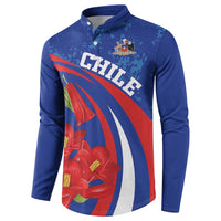 Blue long-sleeve button henley with CHILE graphic and red flowers