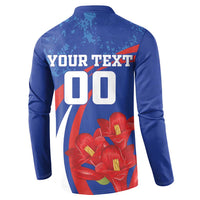 Blue long-sleeve button henley, back text YOUR TEXT 00 with red flower graphic