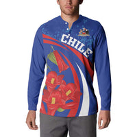 Blue long-sleeve button henley with CHILE text, red flowers, and crest