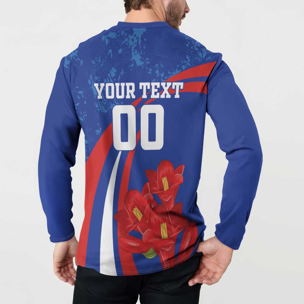 Blue long-sleeve button henley, back YOUR TEXT 00 over red flower artwork