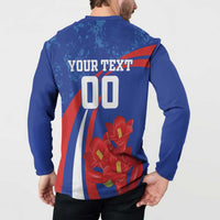 Blue long-sleeve button henley, back YOUR TEXT 00 over red flower artwork