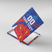 Rectangular canvas wall art angled view, blue and red 'YOUR TEXT' design