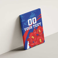 Rectangular canvas wall art angled on wall with red flowers and '00 YOUR TEXT' text
