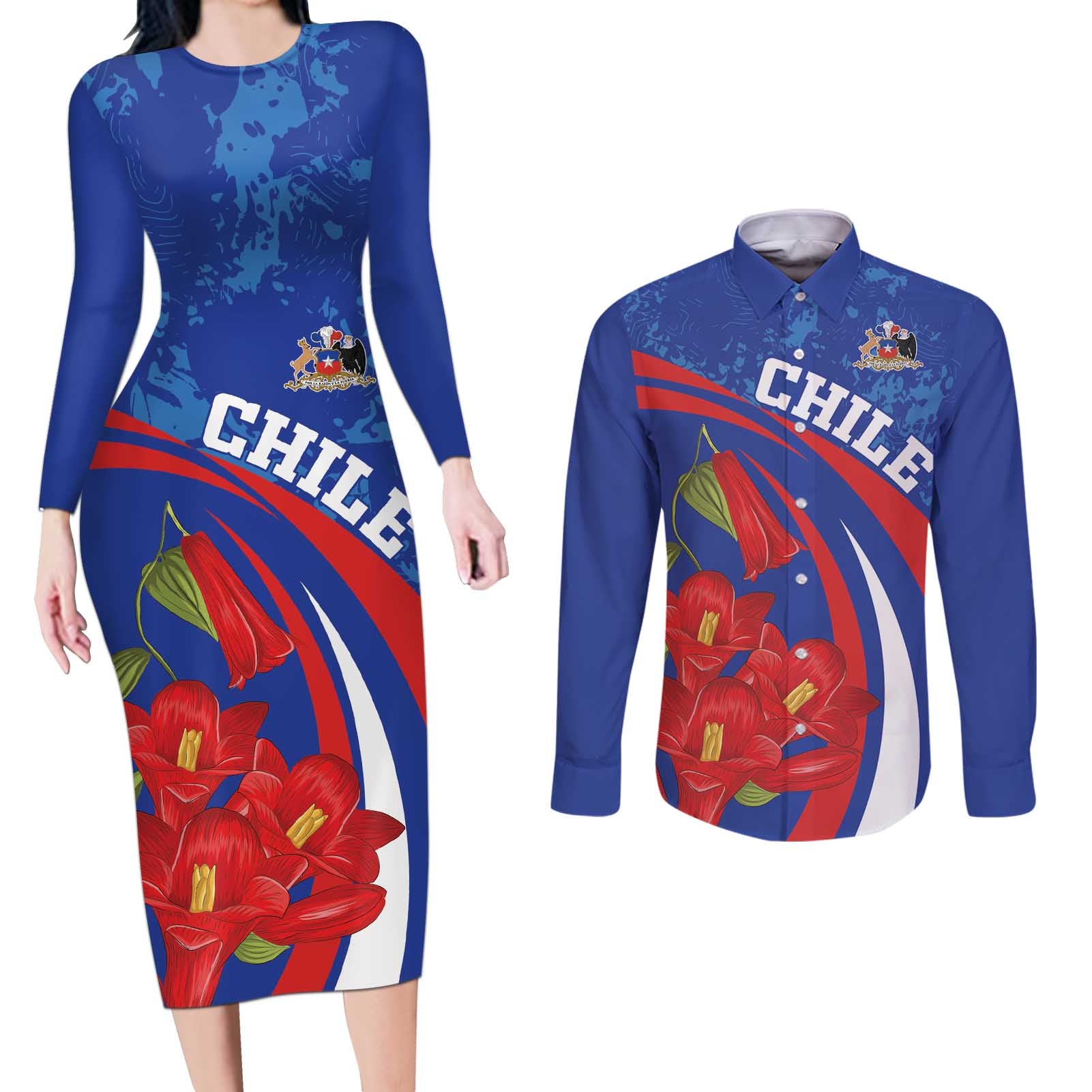 Custom Chile Lapageria Couples Matching Long Sleeve Bodycon Dress and Long Sleeve Button Shirt With Grunge Style - Wonder Print Shop