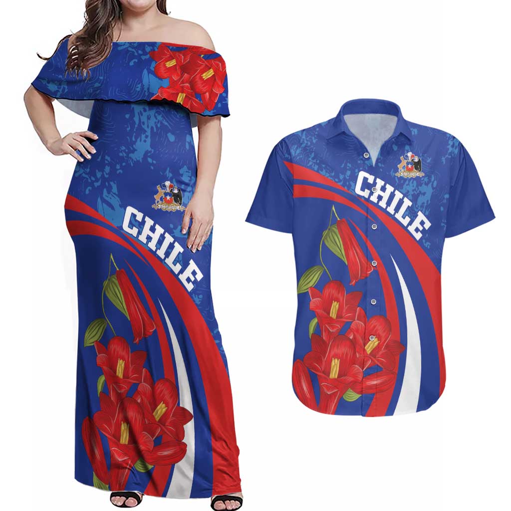 Custom Chile Lapageria Couples Matching Off Shoulder Maxi Dress and Hawaiian Shirt With Grunge Style - Wonder Print Shop