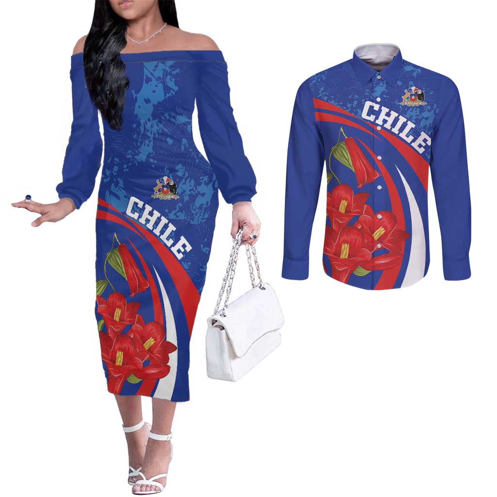 Custom Chile Lapageria Couples Matching Off The Shoulder Long Sleeve Dress and Long Sleeve Button Shirt With Grunge Style