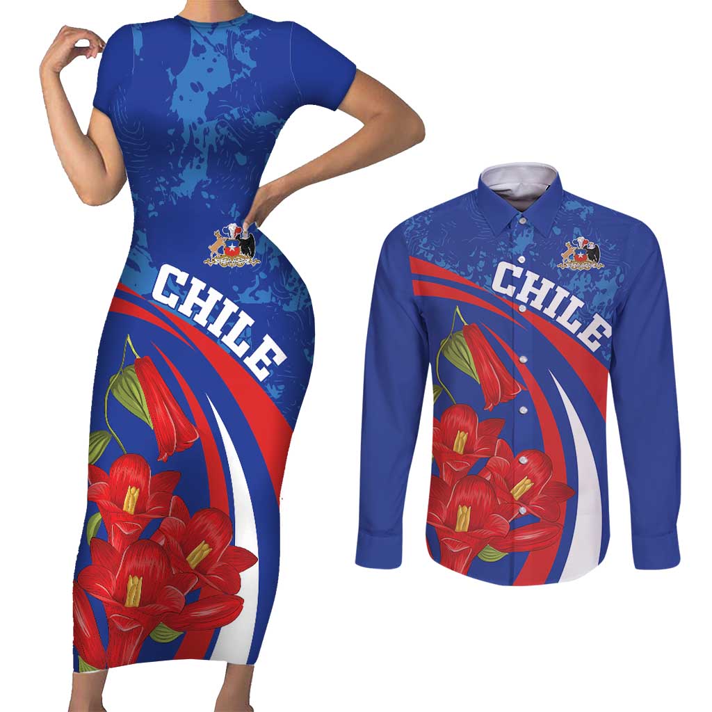 Custom Chile Lapageria Couples Matching Short Sleeve Bodycon Dress and Long Sleeve Button Shirt With Grunge Style - Wonder Print Shop