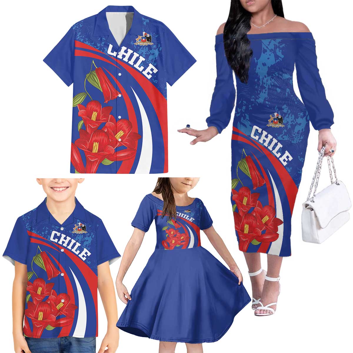 Custom Chile Lapageria Family Matching Off The Shoulder Long Sleeve Dress and Hawaiian Shirt With Grunge Style - Wonder Print Shop