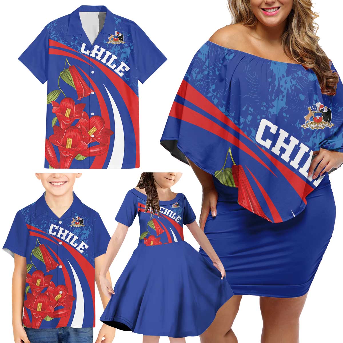 Custom Chile Lapageria Family Matching Off Shoulder Short Dress and Hawaiian Shirt With Grunge Style - Wonder Print Shop