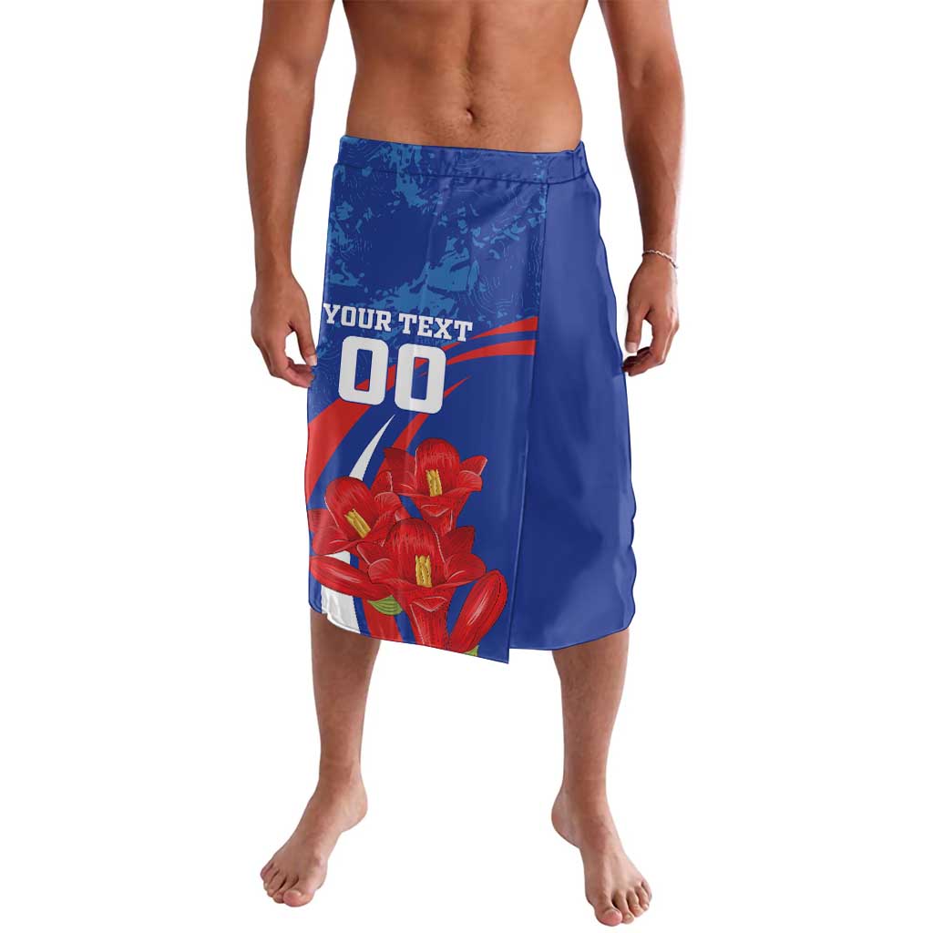 Blue swim shorts with floral front print, orange accent stripe, and elastic waistband