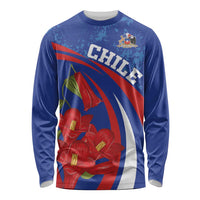 Unisex blue long-sleeve shirt with Chile flag and red flower grunge graphic front