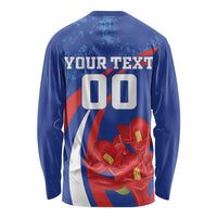 Unisex blue long-sleeve shirt with back print: YOUR TEXT 00 and Chile flag flowers