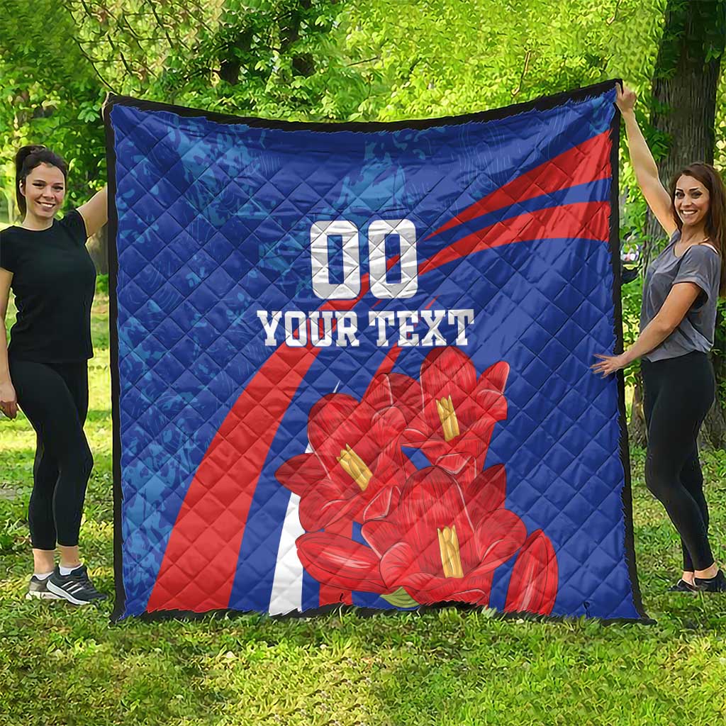 Blue quilt with red diagonal stripe, large red flower graphic, and centered "00" plus "YOUR TEXT".