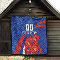 Blue quilt on a porch wall with red diagonal stripe, red flowers, and "00" plus "YOUR TEXT".