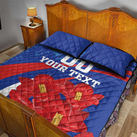 Blue quilt bed set with quilted pillows, red flower art and bold custom text