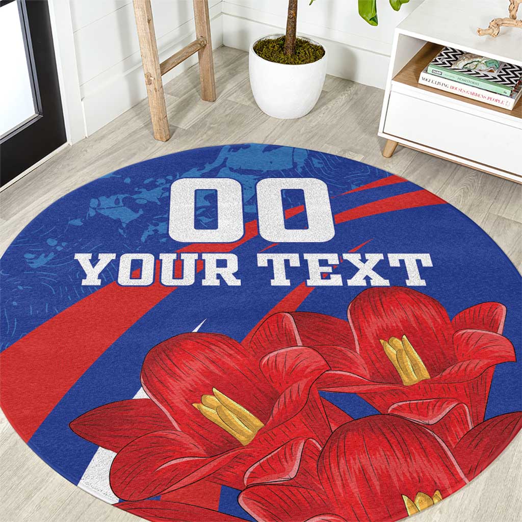 Round blue rug with red flowers and 'YOUR TEXT' graphic, grunge style