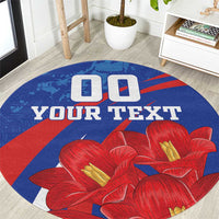 Round blue rug with red flowers and 'YOUR TEXT' graphic, grunge style