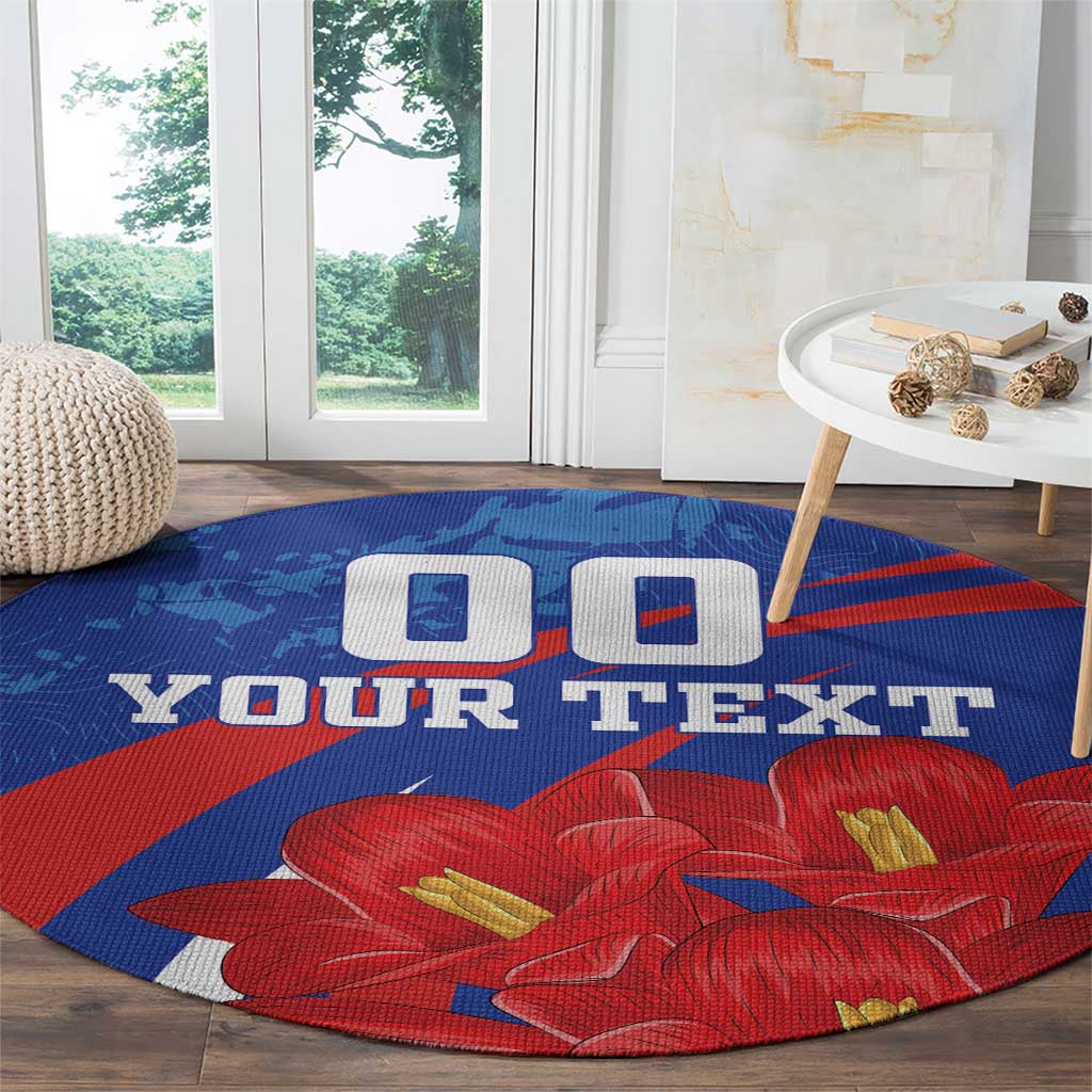 Round blue rug with red flower print and 'YOUR TEXT' lettering, grunge style