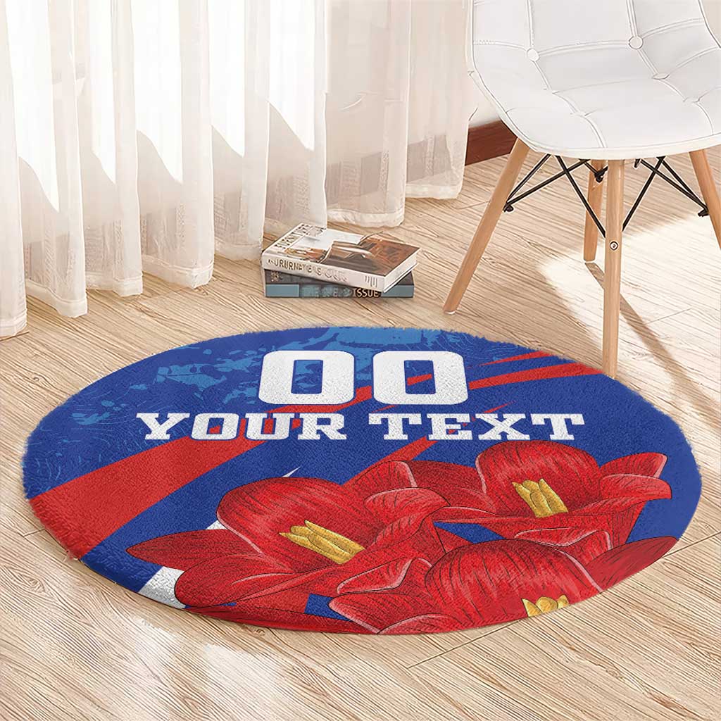 Round blue rug with red flower artwork and 'YOUR TEXT' graphic, grunge style