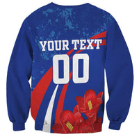 Unisex blue sweatshirt with back 'YOUR TEXT' and big 00 over flower print