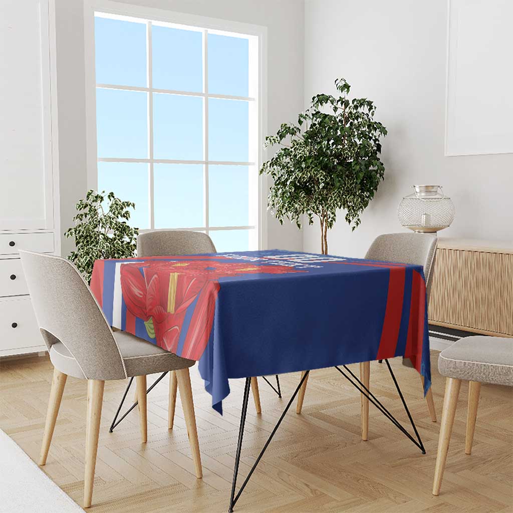 Blue tablecloth with red floral leaf artwork on dining table in grunge style.