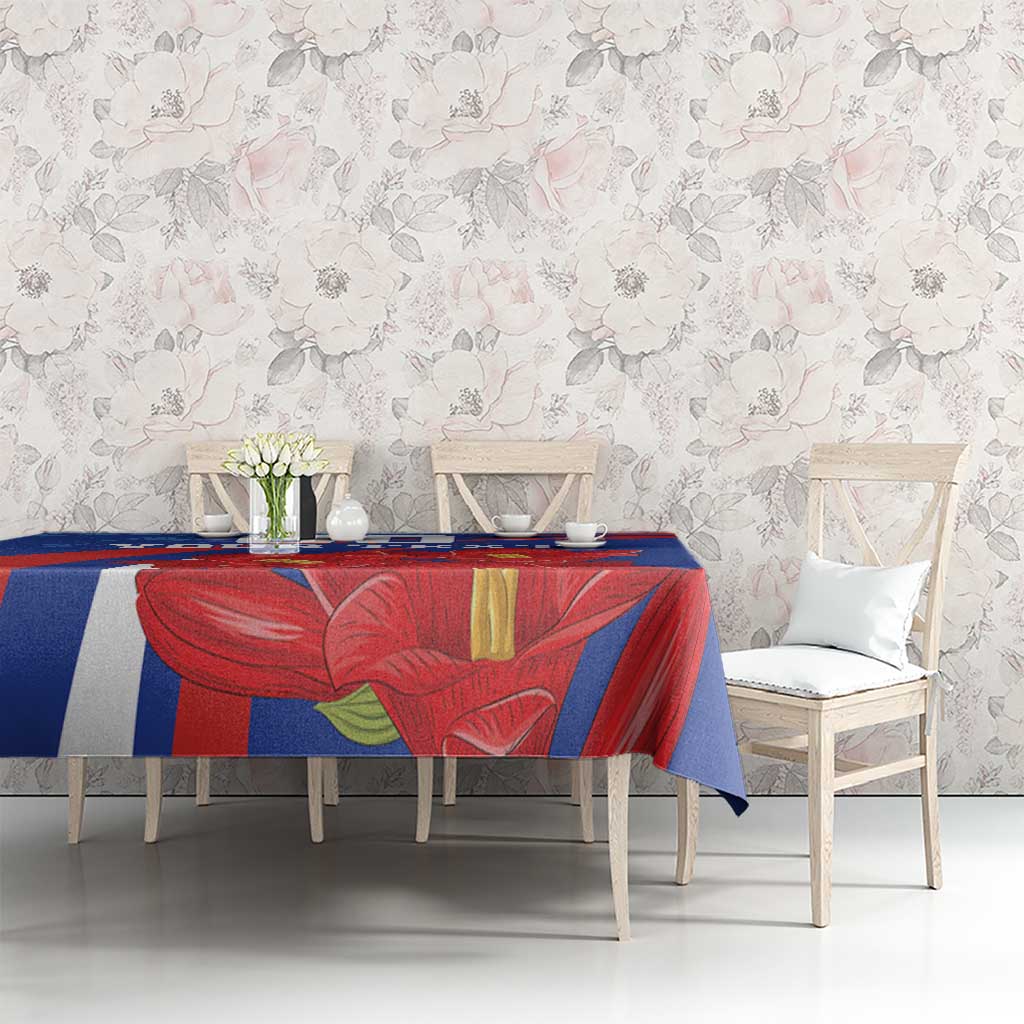 Blue tablecloth with red floral leaf grunge pattern and custom text area.
