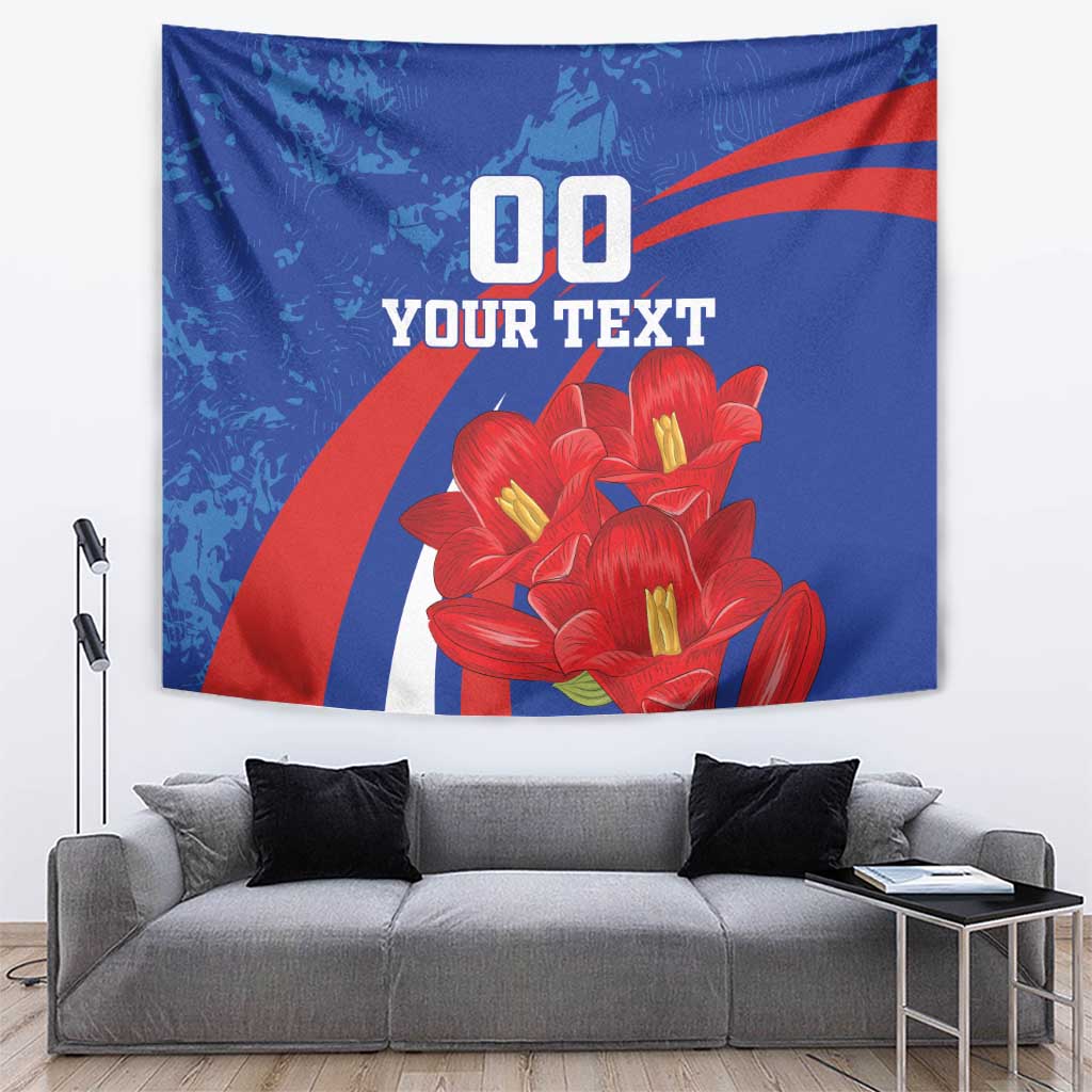 Blue wall tapestry with red flowers, diagonal stripes, and custom text layout