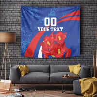 Blue decorative wall tapestry with red flower cluster and diagonal red stripe accents