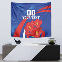 Blue wall tapestry with red flower bouquet, diagonal stripes, and custom text graphic