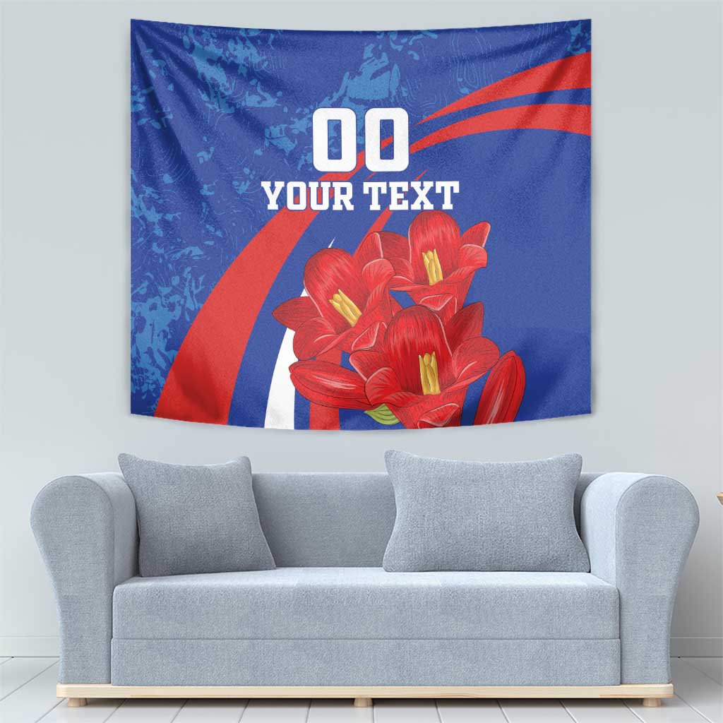 Blue tapestry with red flowers and diagonal red stripe design, includes custom text area