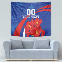 Blue tapestry with red flowers and diagonal red stripe design, includes custom text area