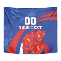 Blue tapestry close-up with red flower print, diagonal stripes, and custom text header