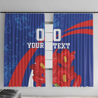 Blue window curtains with red flower print and diagonal grunge stripe, front view pair