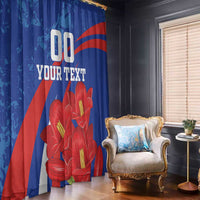 Blue window curtain panel with red flowers and diagonal grunge stripe beside chair