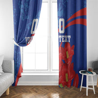 Blue window curtain panels with red flower artwork and diagonal grunge stripes