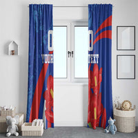 Blue window curtains with red flowers and diagonal stripe, window centered view