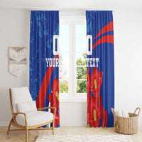 Blue window curtain pair with red flower print and diagonal grunge stripes, side angle