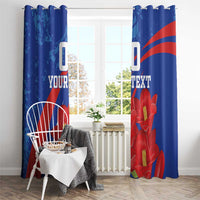 Blue window curtains with red flowers and diagonal grunge stripes, styled room view