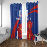 Pair of blue window curtains with red flowers, diagonal grunge stripes, top hanging hooks