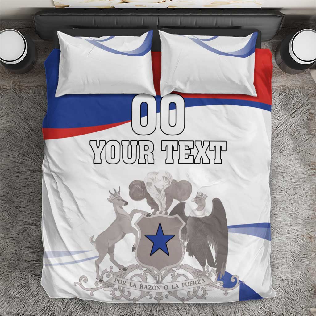 White bedding set with Chile flag stripes, blue star coat of arms, 'YOUR TEXT' print