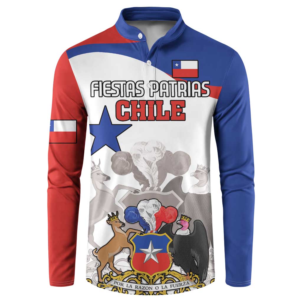 Button long-sleeve sweatshirt, blue and red with 'FIESTAS PATRIAS CHILE' and coat of arms graphic.