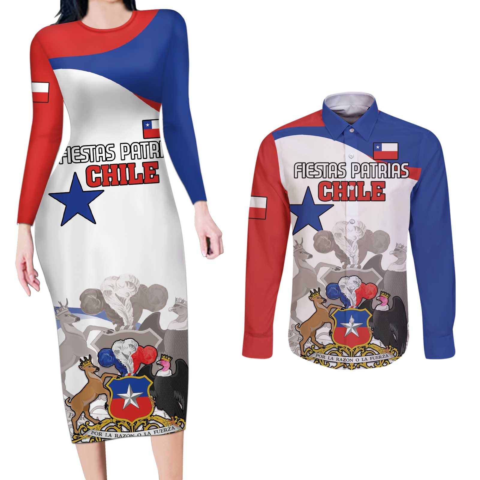 Custom Fiestas Patrias Chile Couples Matching Long Sleeve Bodycon Dress and Long Sleeve Button Shirt Coat Of Arms - Wonder Print Shop