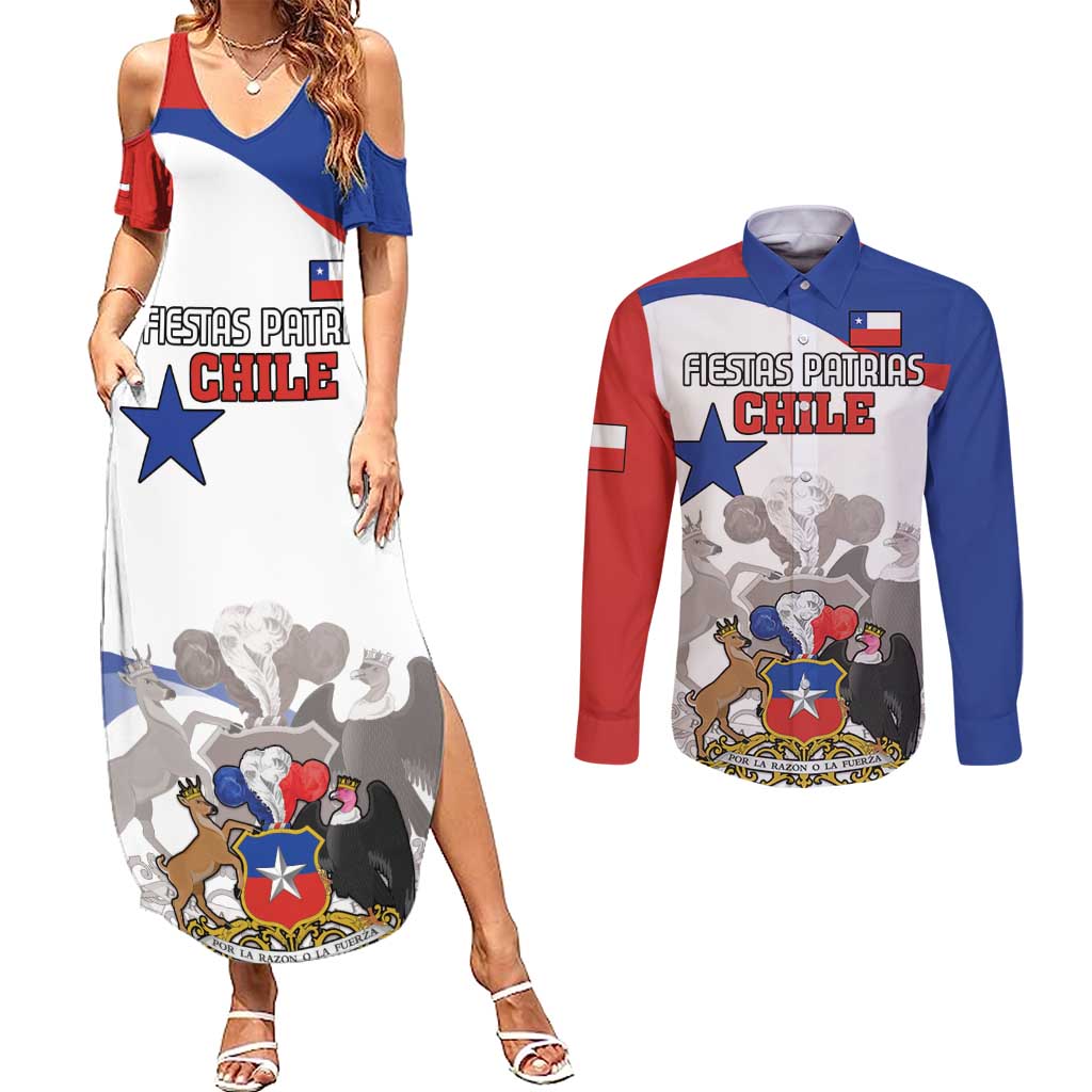 Custom Fiestas Patrias Chile Couples Matching Summer Maxi Dress and Long Sleeve Button Shirt Coat Of Arms - Wonder Print Shop