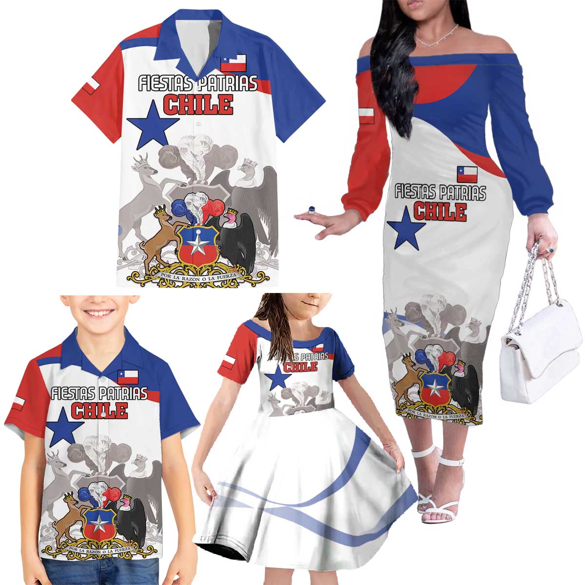 Custom Fiestas Patrias Chile Family Matching Off The Shoulder Long Sleeve Dress and Hawaiian Shirt Coat Of Arms - Wonder Print Shop