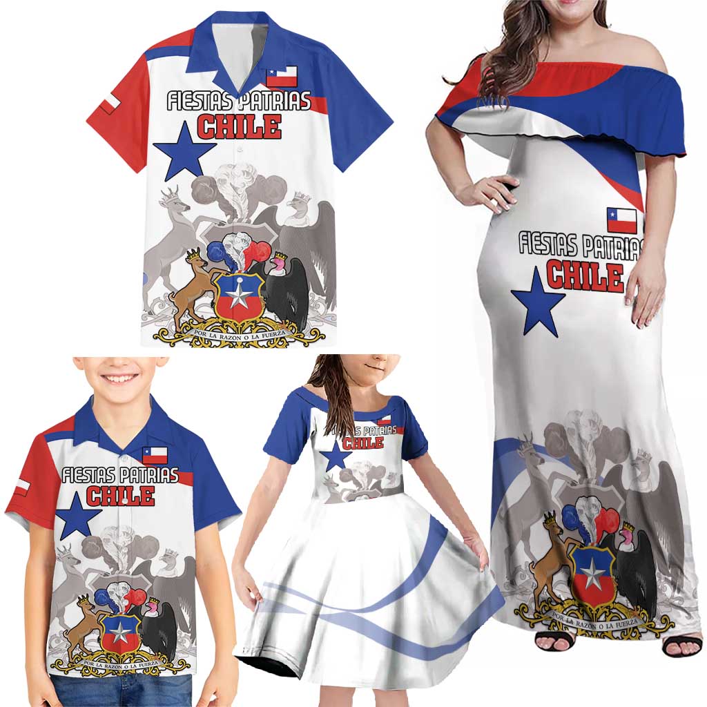 Custom Fiestas Patrias Chile Family Matching Off Shoulder Maxi Dress and Hawaiian Shirt Coat Of Arms - Wonder Print Shop