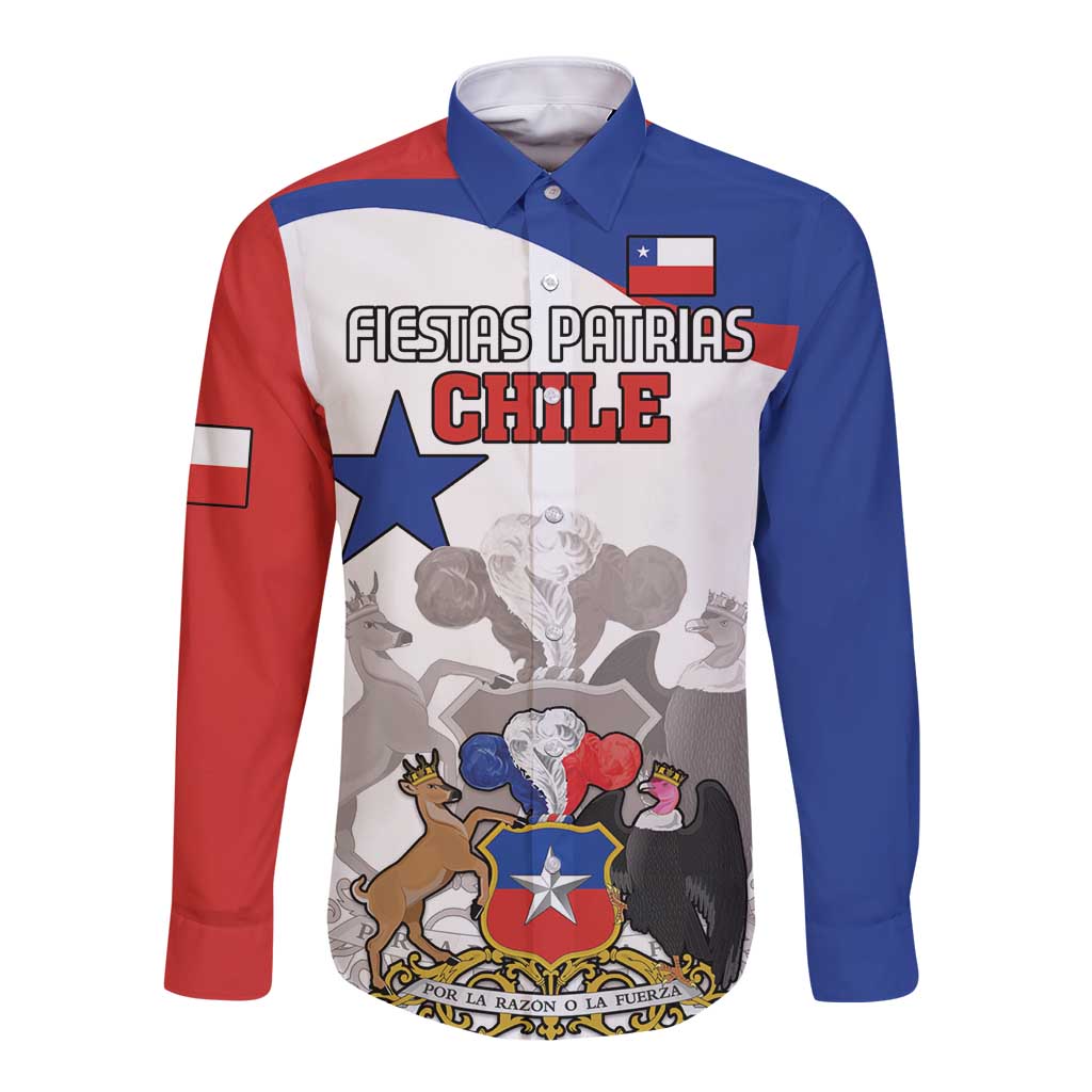 Long-sleeve button shirt with Chile-themed coat of arms graphic, blue red white sleeves
